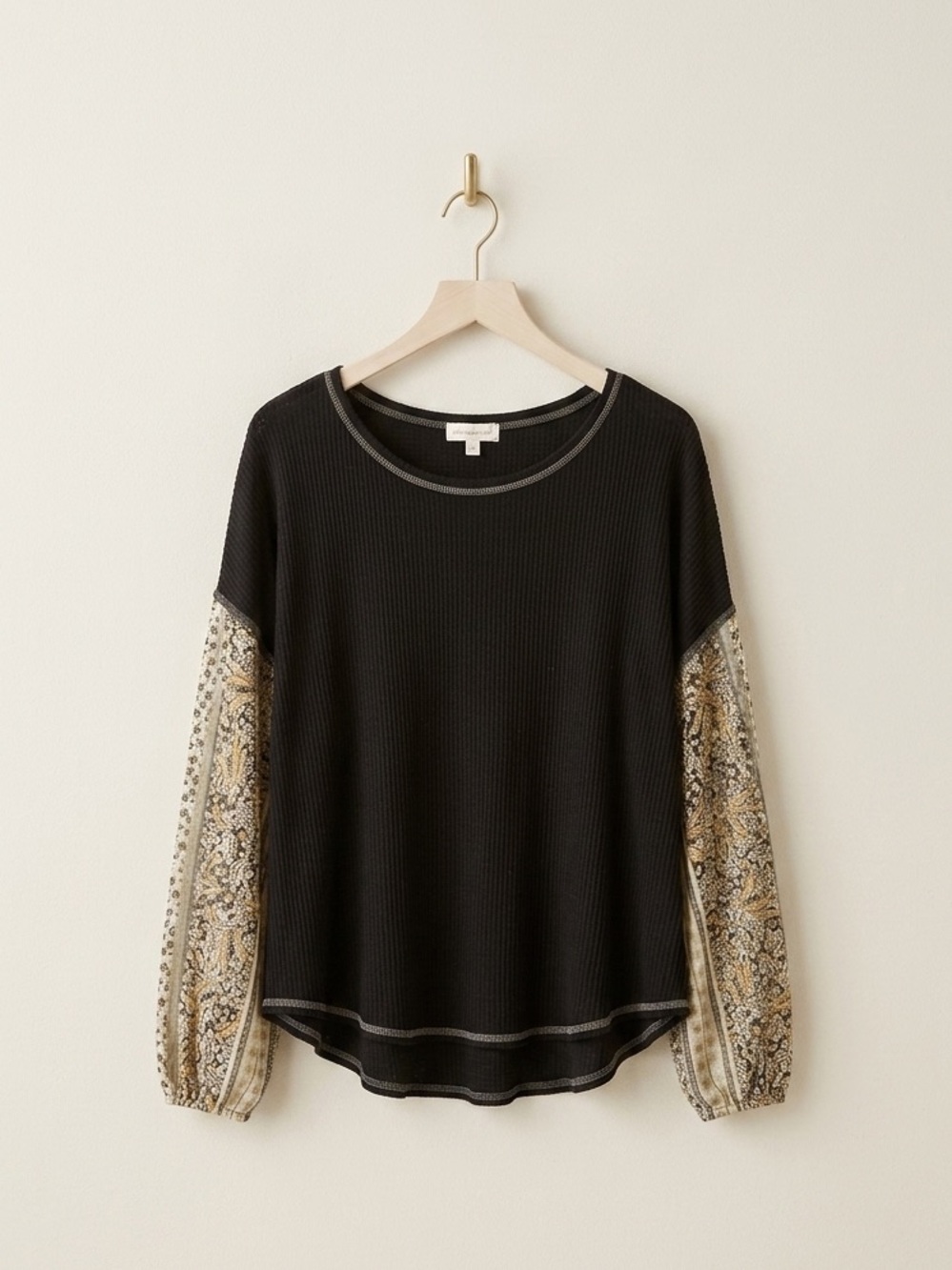 Women's Black and Patterned Sleeve Top
